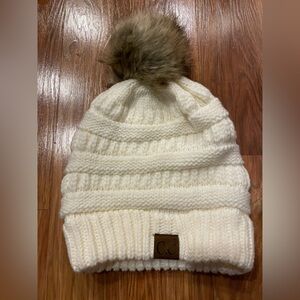NWOT CC Cream Knit Beanie with Faux Fur Pom